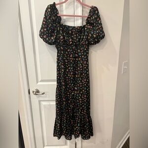 ZARA Floral Fruit Black Dress with Puff Sleeves